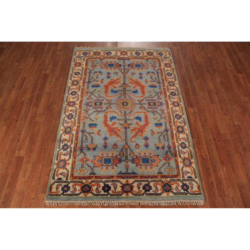 Floral Blue Oushak Oriental Rug Handmade Wool Carpet - 3'10"x 6'0"