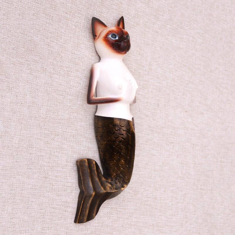 Handmade Siamese Mermaid Cat Wood wall sculpture (Indonesia)