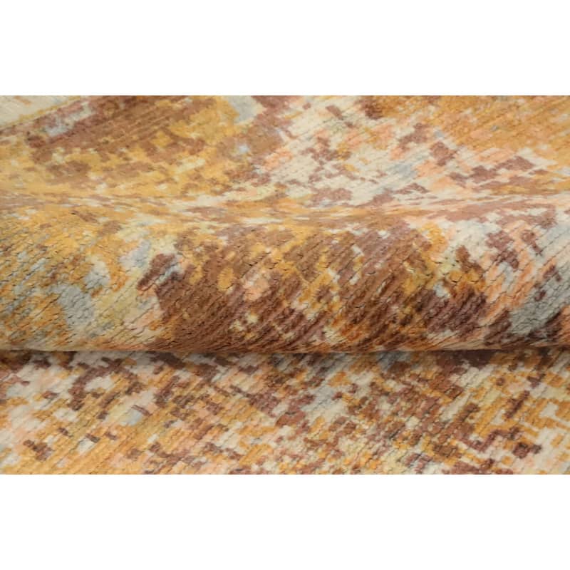 Hand Knotted Oriental Viscose Silk Carpet Modern Abstract Yellow & Gold Abstract Area Rug - 8' 0'' X 5' 1''