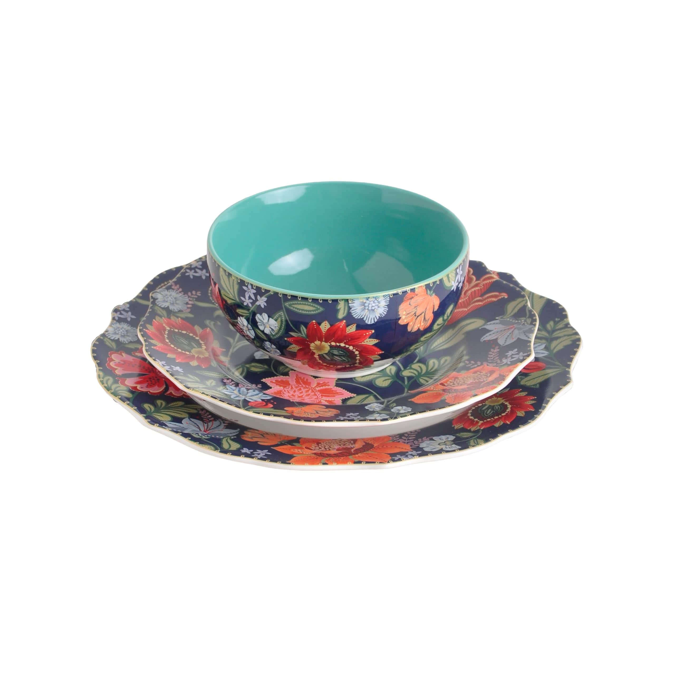 222 Fifth Chintz 12-Piece Blue Porcelain Dinnerware Set - Service