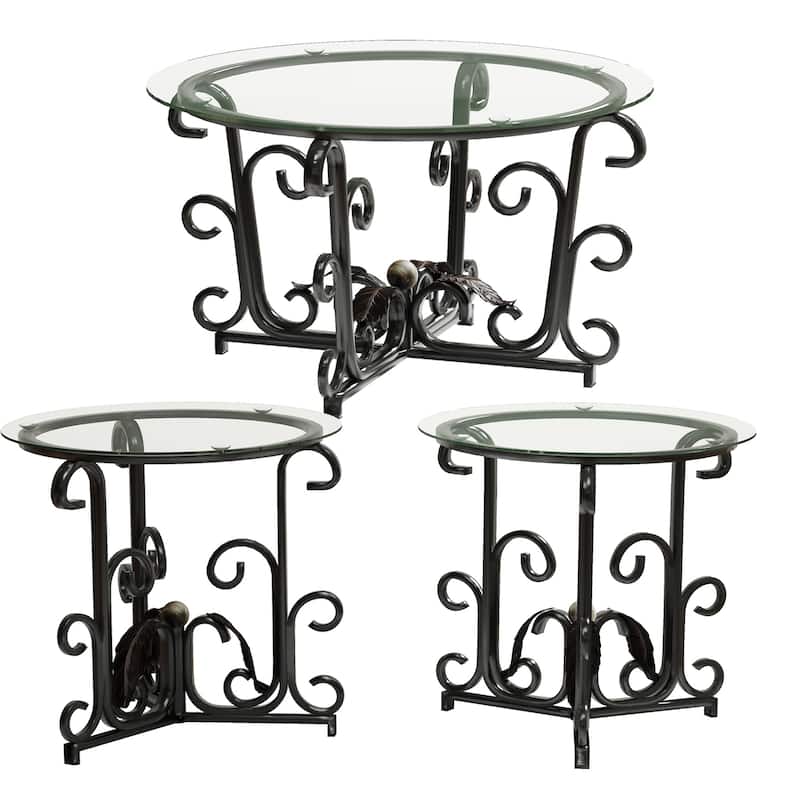 3-Piece Coffee Table Set,Tempered Glass Surface with Sturdy Metal Frame-Modern Living Room Sets(1 Coffee Table + 2 End Tables) - Black