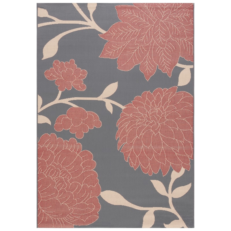 SAFAVIEH Courtyard Damaris Floral Indoor/ Outdoor Waterproof Patio Backyard Rug - 5'3" Square - Anthracite/Red