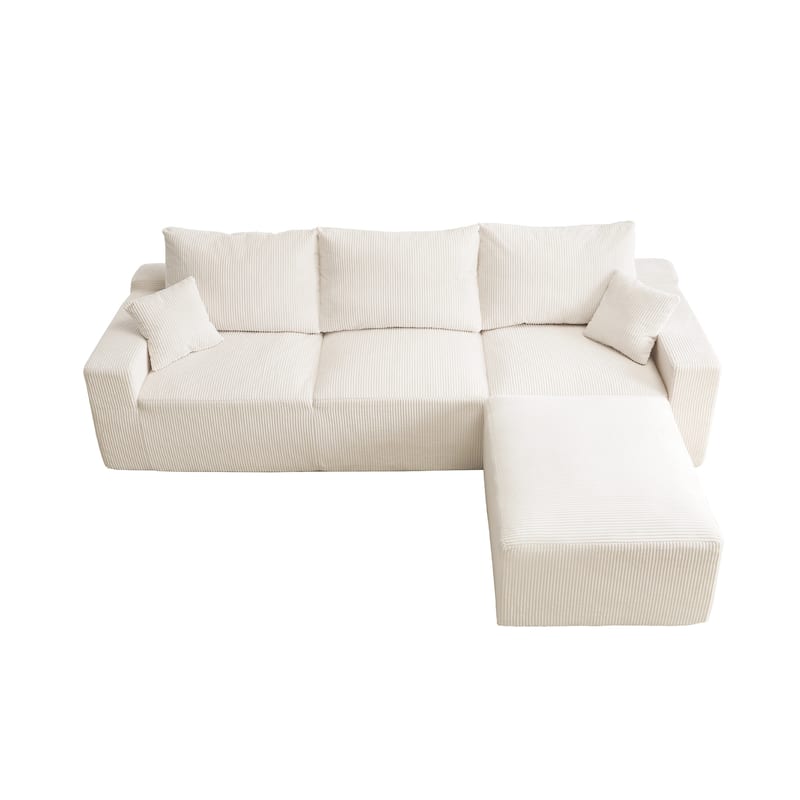 110" L-Shaped Modular Sectional Sofa 3-Seater Corduroy Couch with one Ottoman and 2 Pillows
