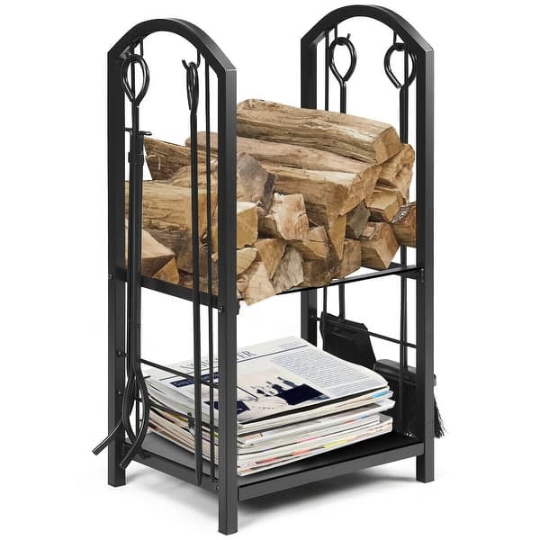 Gymax Foldable Firewood Log Rack Steel Wood Storage Holder for Fireplace Black Gymax Foldable Firewood Log Rack Steel Wood Storage Holder for Fireplace Black