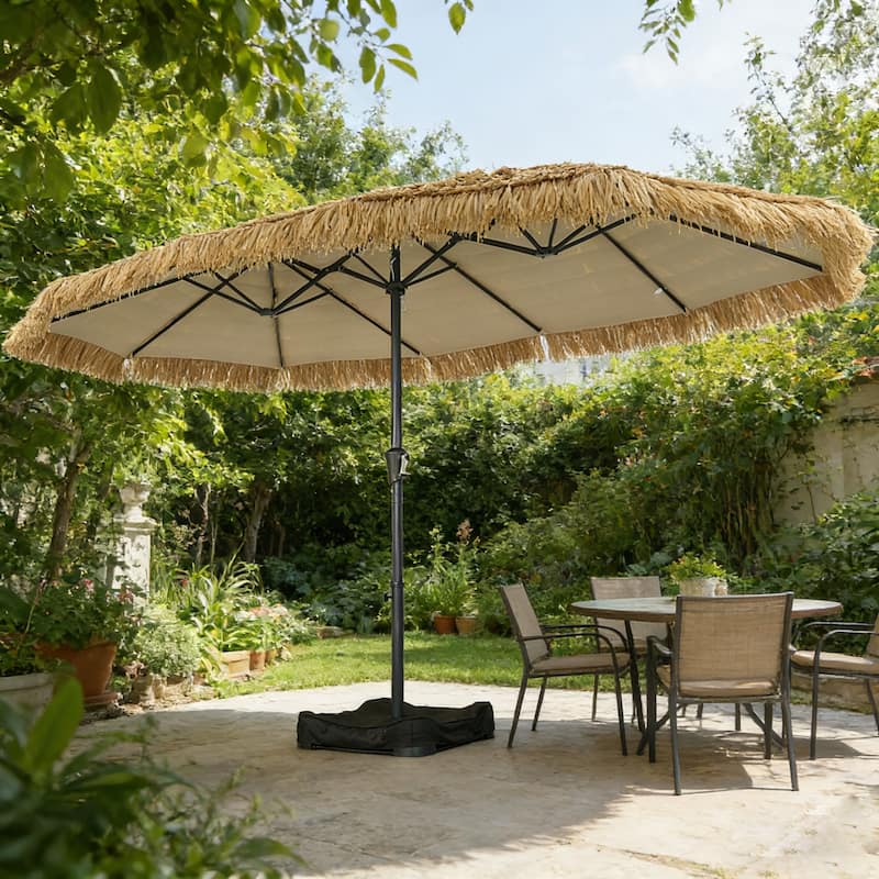 15 ft Tiki Thatched Umbrella with Sandbags Base, Hawaiian, Pool, Patio, Beach - Yellow