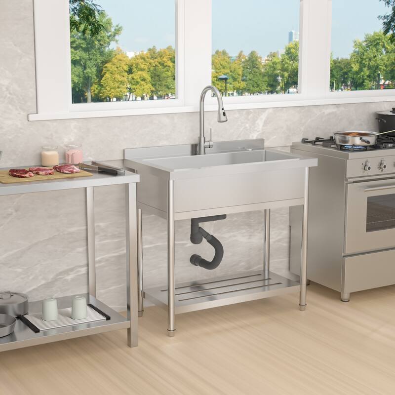 36 Inch Freestanding Integrated Single Bowl 18 Gauge Stainless Steel Kitchen Sink with Pull-Out Faucet - 36'' x 21'' x 35.5''