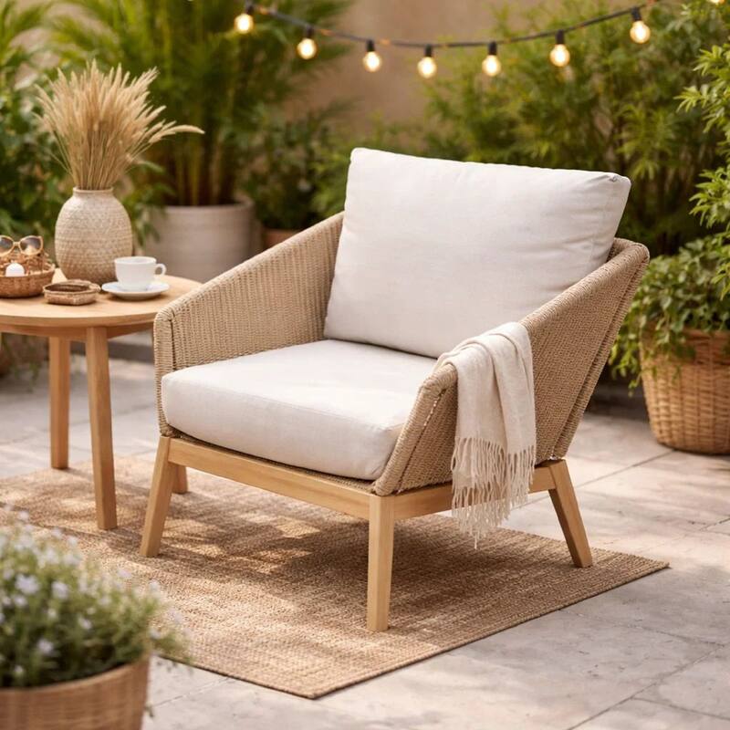 Dexi 30 Inch Patio Sofa Chair, Fade Resistant Fabric Cushions, Beige Rope