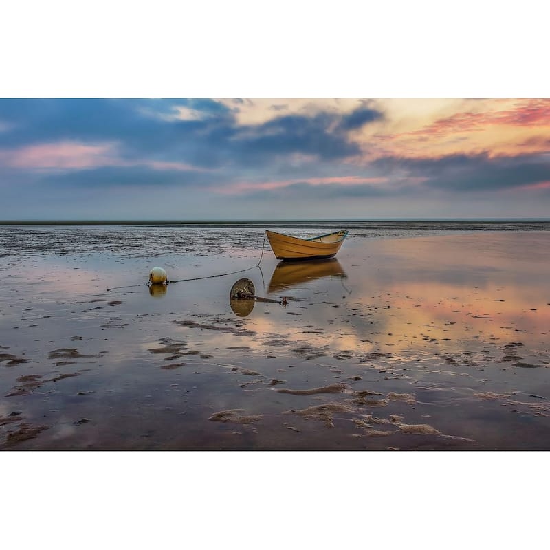 Yellow Dory Boat Waiting for High Tide Reflection by Wayne Collamore Art Poster - Print On Demand