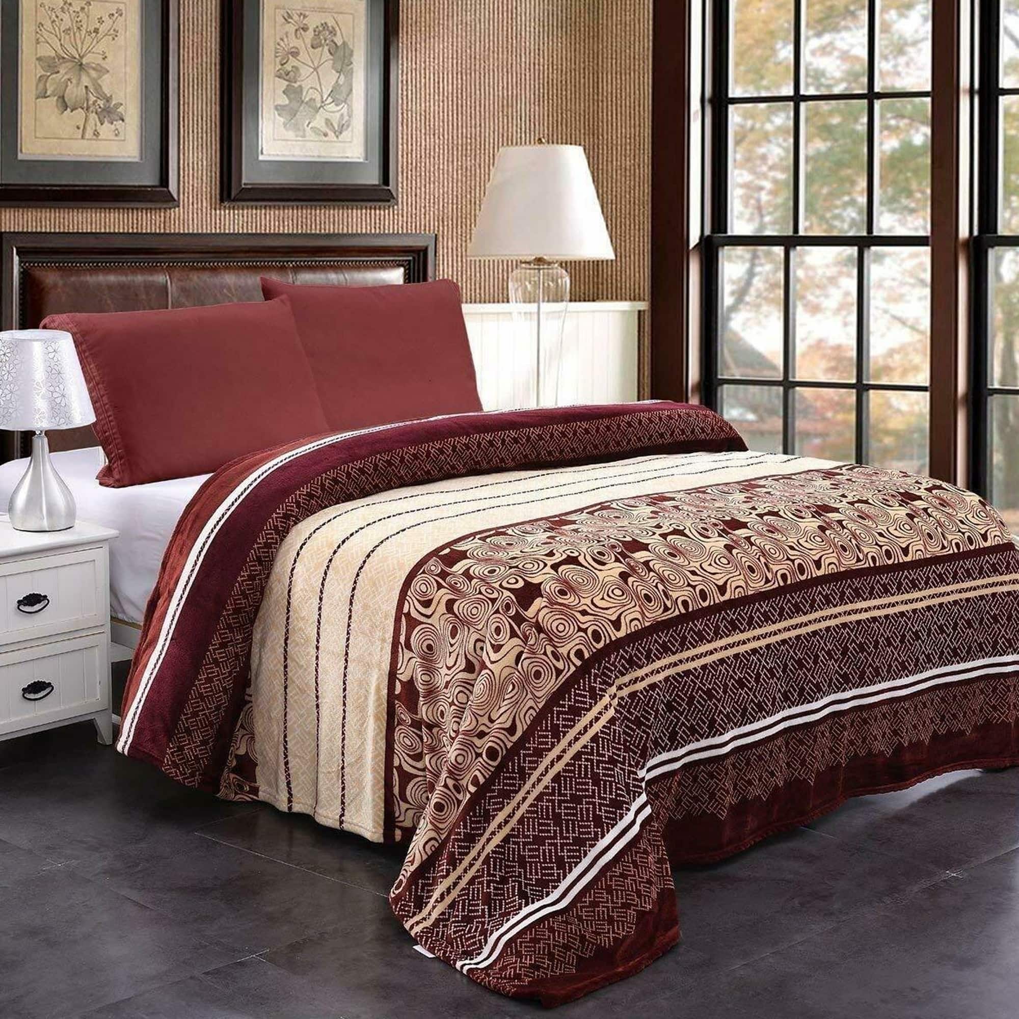 Large Boho Blanket Geometric Flannel Blanket Queen Brown Stripe - Bed ...