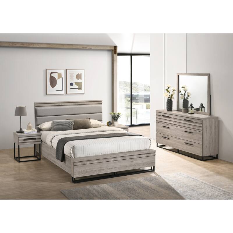 Roundhill Furniture Alvear Upholstered Wood Panel Bed, Dresser, Mirror, and 2 Nightstands, Weathered Gray - Queen