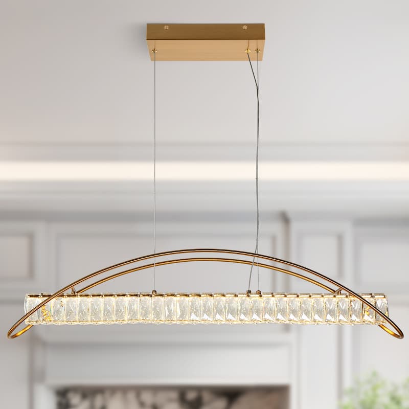 Modern Gold 1-Light LED Crystal Chandelier Island Pendant Lights for Kitchen Island - W 39.4" x H 3" x D 5"