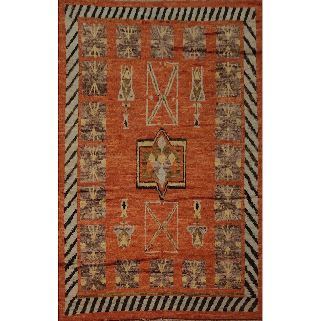 Hand Knotted Oriental 100% Wool Carpet Modern Tribal Oranges & Rust Moroccan Area Rug - 9' 9'' X 6' 10''