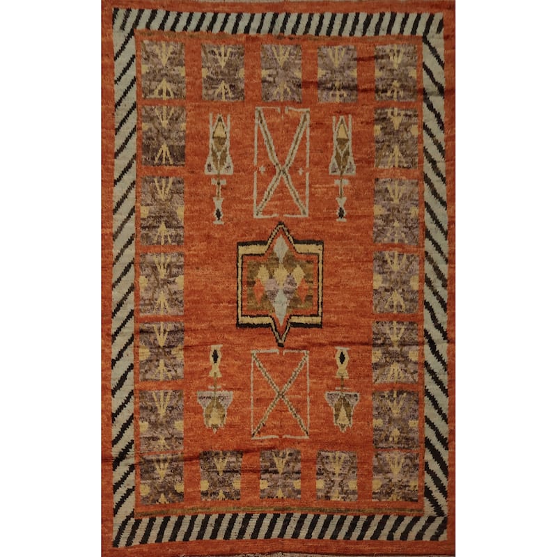Hand Knotted Oriental 100% Wool Carpet Modern Tribal Oranges & Rust Moroccan Area Rug - 9' 9'' X 6' 10''