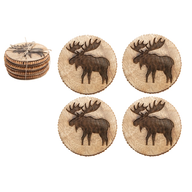 Set Of 4 Beaded Round Moose Etched Coasters - Overstock - 44039018