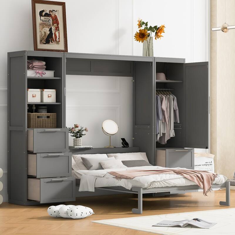 Foldable Queen Size Murphy Bed Flip Design Storage Wall Cabinet Bed with Wardrobe, Drawers, Open Shelves and Adjustable Layout