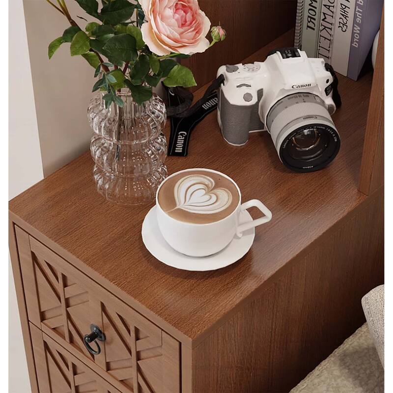 Elegant X-Carved End Table with 3 Drawers,2 Open Shelves,and Charging Station for Modern Bedrooms and Corners
