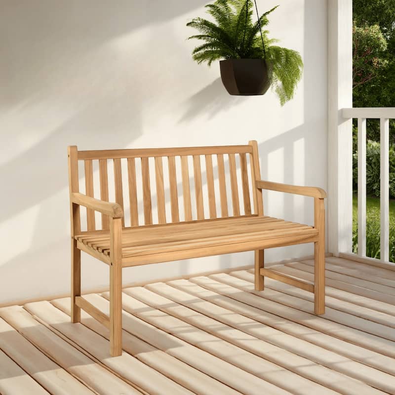 Outdoor Bench, Natural Brown Teak Wood Frame, Slatted Design, 45 Inch
