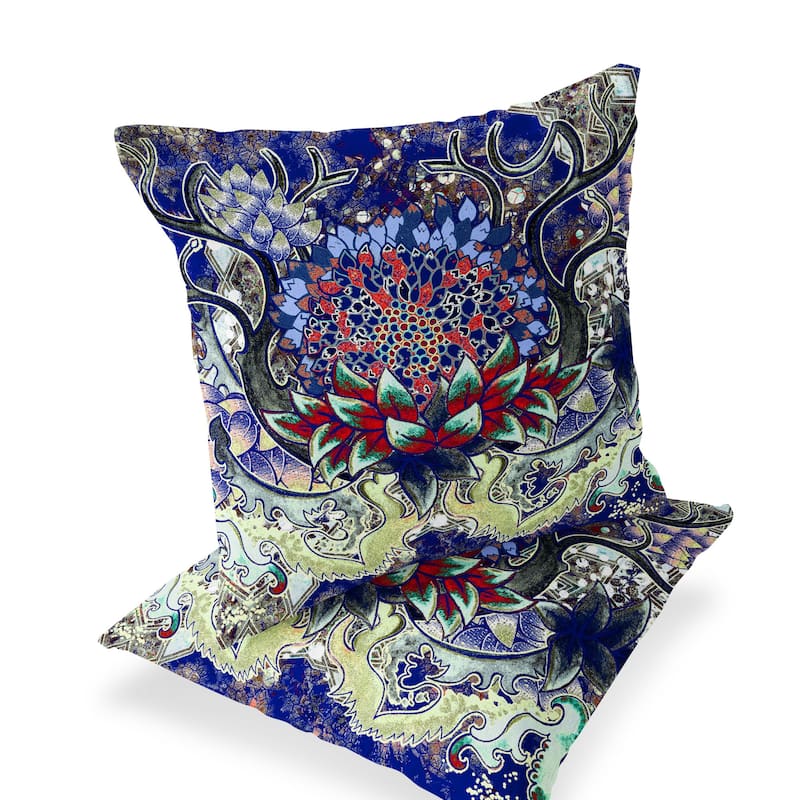 HomeRoots Set of Two 16" X 16" Blue and Green Blown Seam Floral Indoor Outdoor Throw Pillow - 16.00' X '16.00' X '5.00