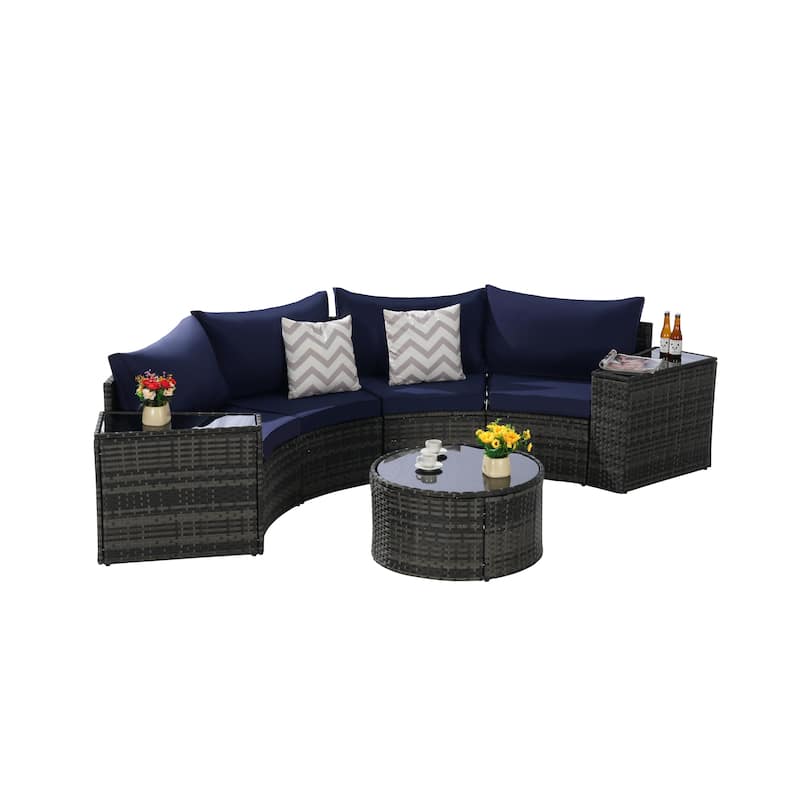 7-Piece Outdoor Patio Half-Moon Sectional Sofa Set with Tempered Glass Coffee Table