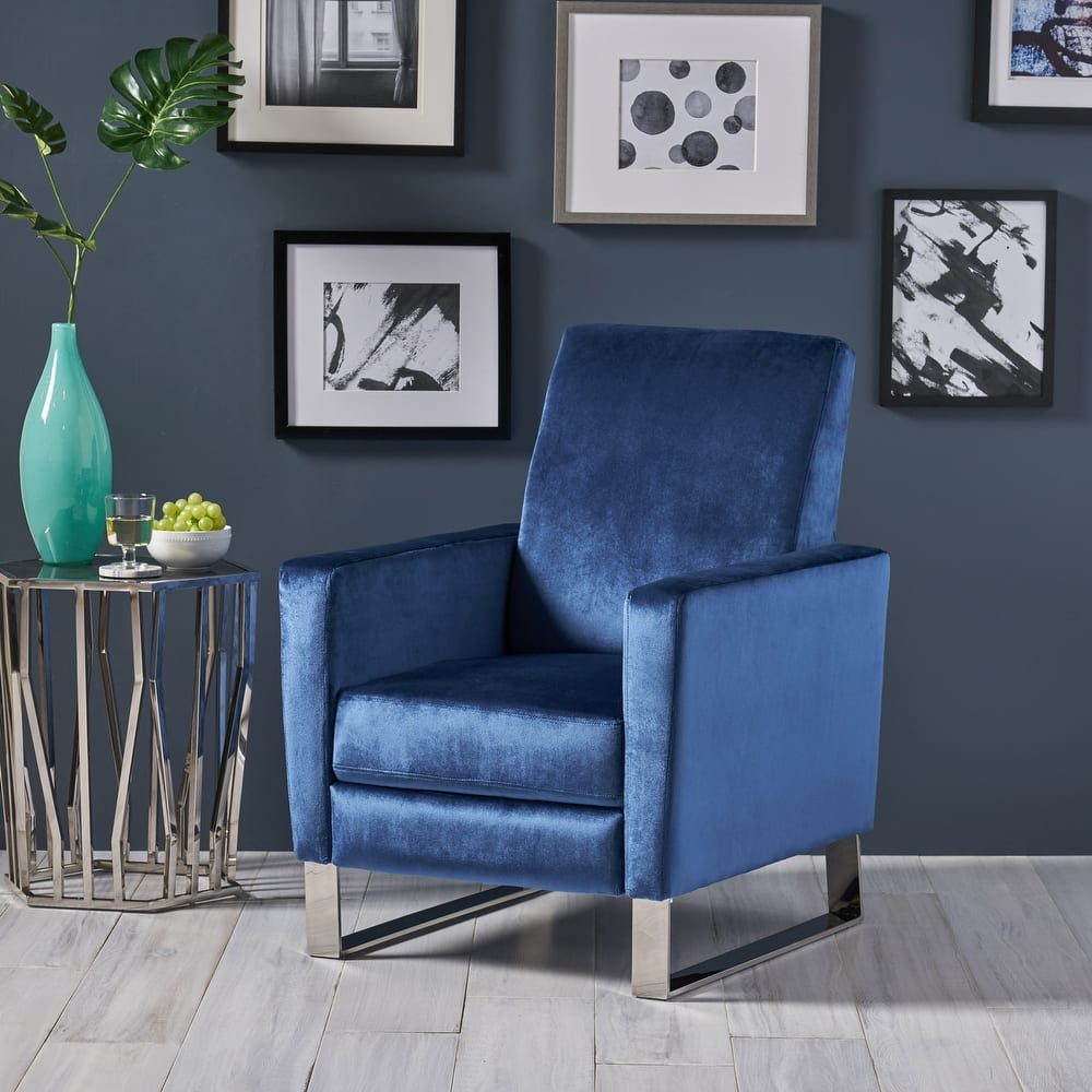 Modern Velvet Upholstered Push-Back Recliner with Footrest and Stainless Steel Legs