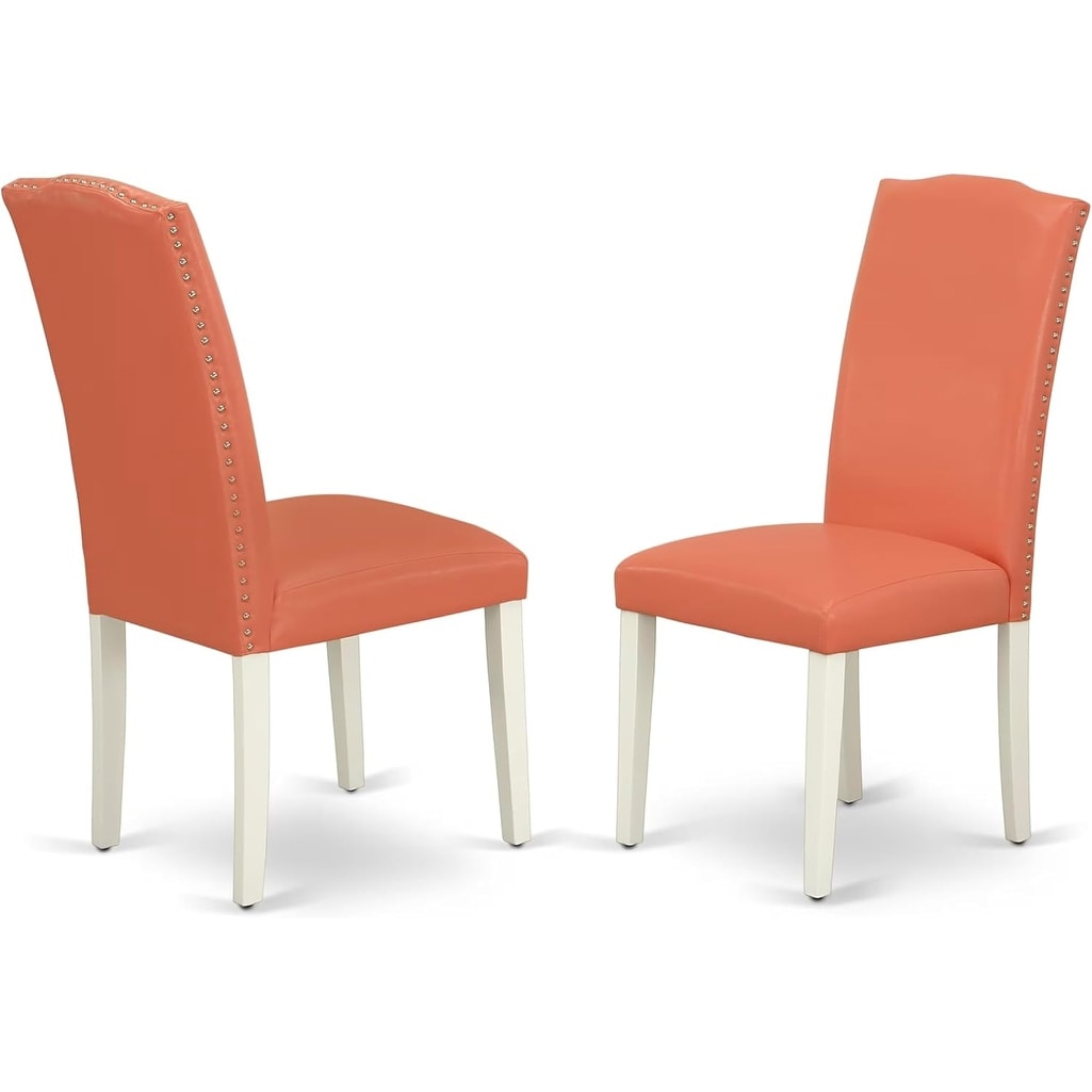 Set of 2 Pink Flamingo Faux Leather Upholstered Dining Chairs with Nailhead Trim and Linen White Finish