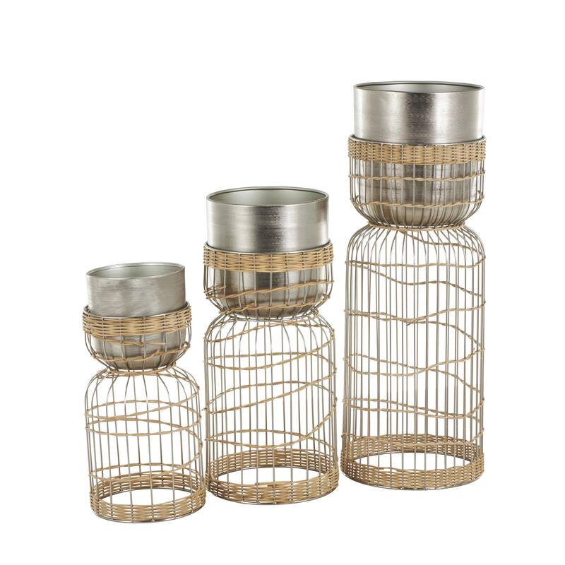 Metal Textured Dome Indoor Planter with Woven Seagrass or Rattan and Cage Rod Base - Set of 3 Gold or Silver - Roche River Decor