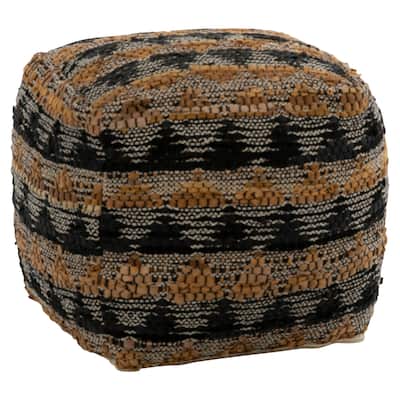 Fieldstone Handwoven Leather Upholstered Pouf, Brown/Black