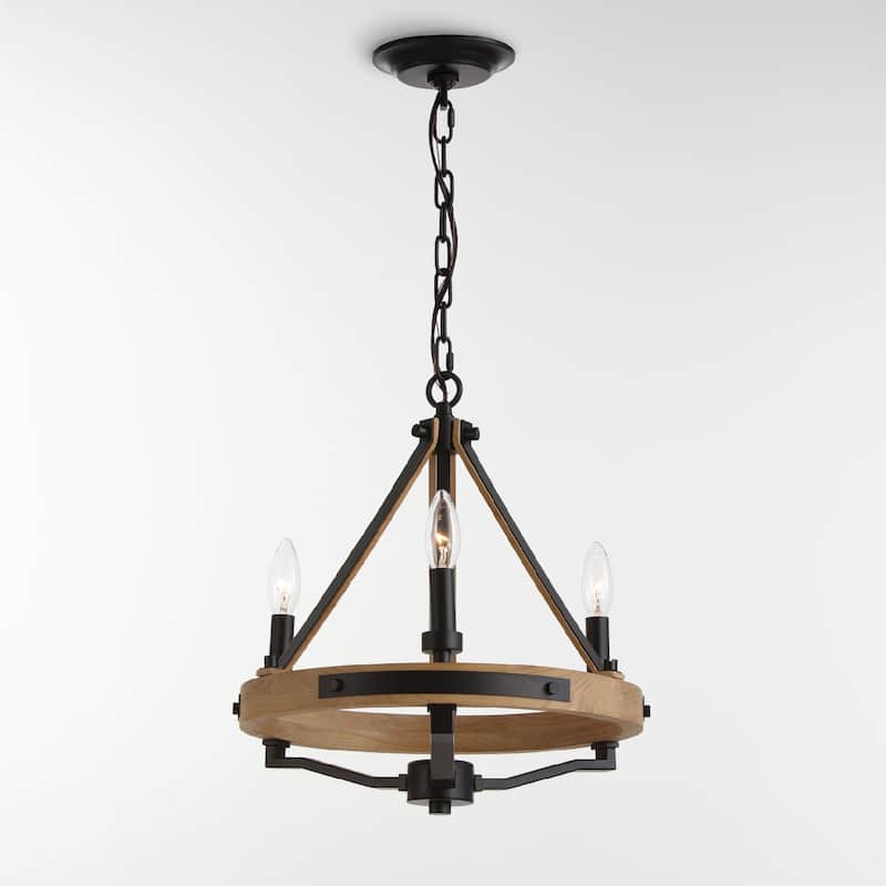 VidaLite Savannah 3-Light Rustic Farmhouse Style Chandelier, Natural Brown & Matte Black Round Pendant Chandelier Light,