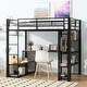 preview thumbnail 1 of 9, Full Size Metal Loft Bed with Storage Iron Mesh and MDF Shelves, Heavy Duty Loft Bedframe with Open Style Wardrobe and Ladder Black
