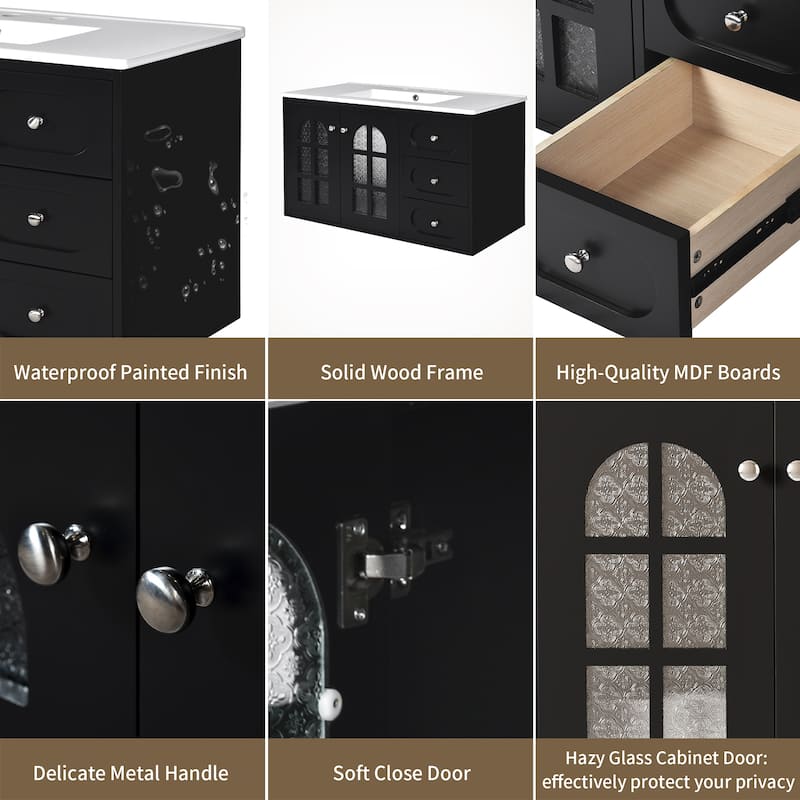 Floating Bathroom Vanity with Sink, Solid Wood Bathroom Storage Cabinet, Bathroom Vanity with 3 Drawers & Glass Panel Doors