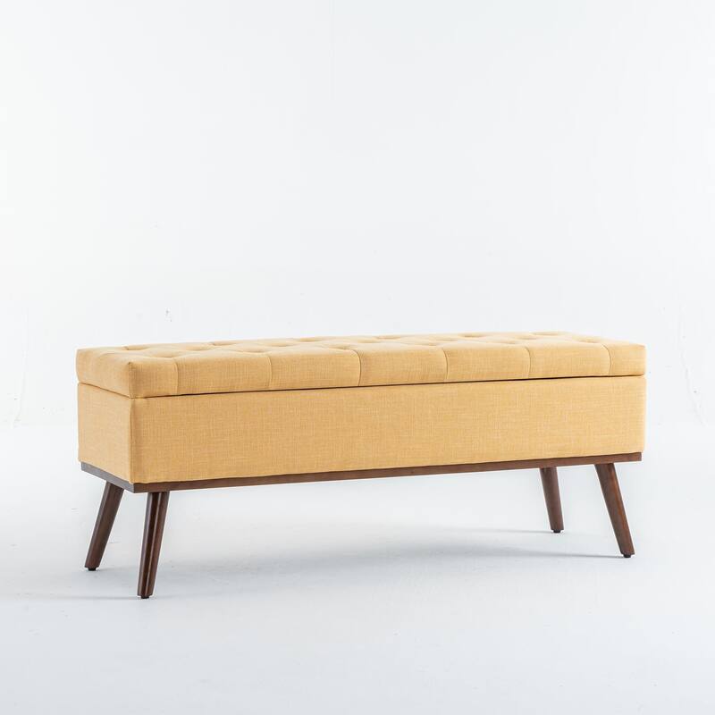 Linen Storage Ottoman Bench with Wood Legs, Upholstered Entryway Bench Tufted Mid Century Modern Ottoman Bedroom End of Bed