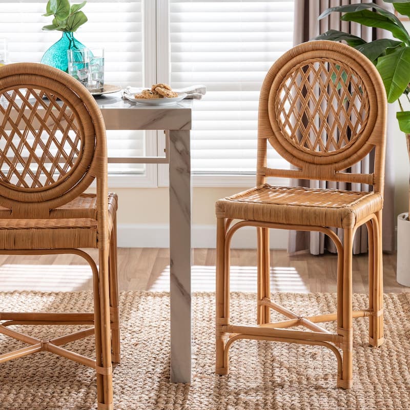 Oxford Round Back Rattan Counter Stool - Handwoven Cane Counter Height Chair, Natural Wicker Coastal Kitchen Island Seating