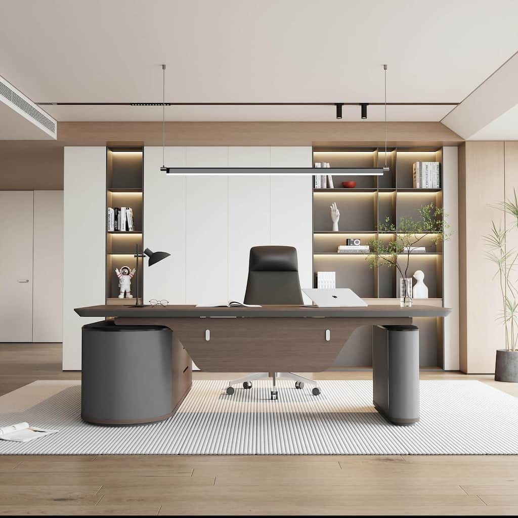 WESOME Sit & Stand Adjustable Height Reversible L Shaped Executive Desk with File Cabinets Drawers Universal Charging Ports