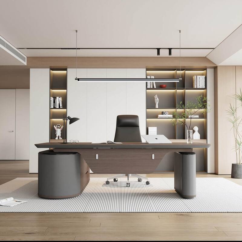 WESOME Sit & Stand Adjustable Height Reversible L Shaped Executive Desk with File Cabinets Drawers Universal Charging Ports