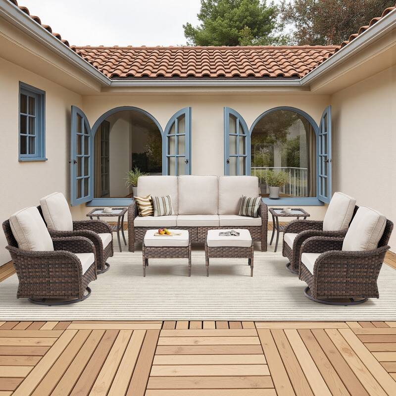 Pocassy Outdoor Patio Furniture Set PE Wicker Sofa Set - Beige Cushion - Brown Wicker - 9 Pieces Sofa with Swivel Chairs Table Ottoman