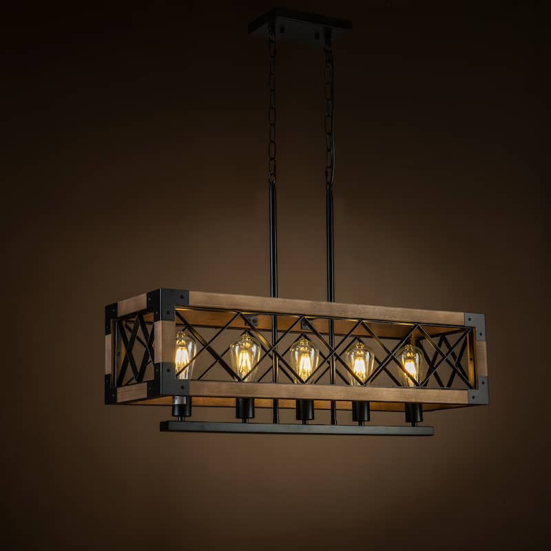 5-Light Farmhouse Square/Rectangle Kitchen Island Chandelier with Solid Wood Accent - 31.5*31.5*9.84