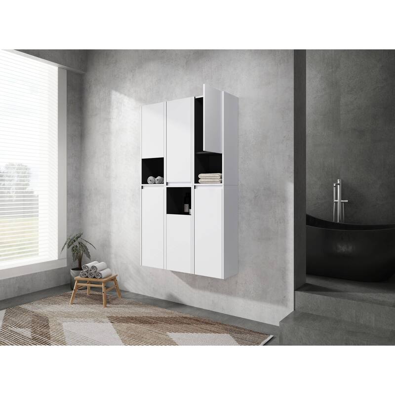 Modern Wall-Mounted Bathroom Side Cabinet with Soft-Close Doors, Floating Design, 6 Storage Compartments, 12-Inch Width