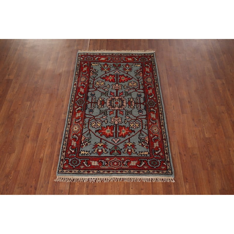 Blue Oushak Indian Accent Rug Hand-Knotted Transitional Wool Carpet - 3'0"x 4'10"