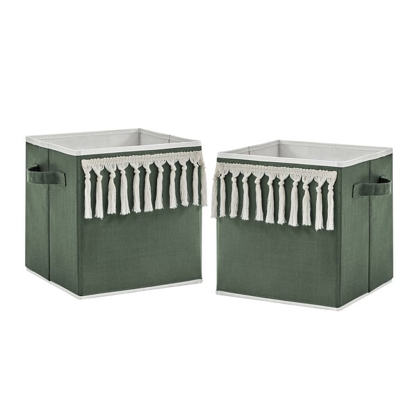 slide 2 of 4, Dark Green Boho Chic Foldable Fabric Storage Bins Solid Sage Hunter Ivory Bohemian Linen Modern Farmhouse Designer Minimalist