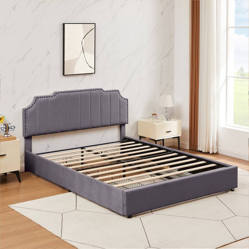 Javlergo Bed Frames with Storage Drawers Upholstered Bed with Tufted Headboard Princess Platform Bed with Wooden Slats Support