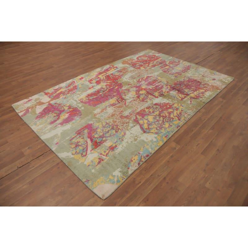 Hand-knotted Modern Silk Multi-Colored Abstract Oriental Area Rug - 7' 11'' X 5' 0''