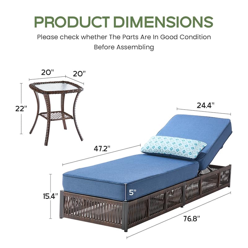 ArcoBay 3-Piece Brown Wicker Outdoor Patio Chaise Lounge with 5-Inch Thick Cushions and Side Table