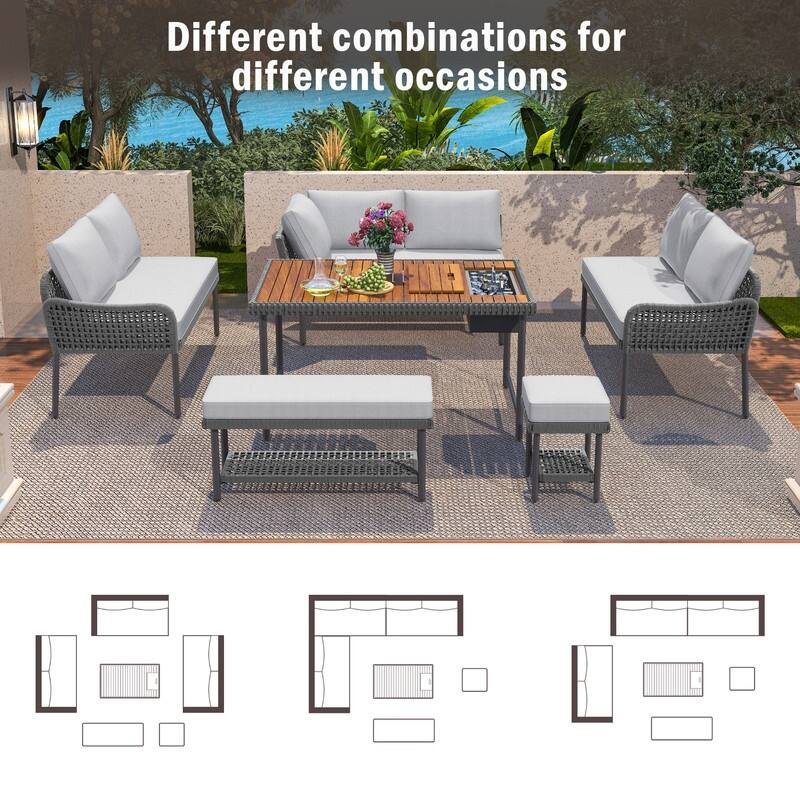 6 Piece Outdoor Sectional Sofa Set with Acacia Wood Table with Ice Box