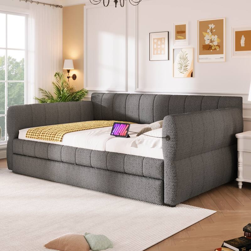 Queen Size Upholstered Daybed with USB and Optional Platform Storage Bed with 2 Drawers or Low Profile Sofa Bed with Trundle Bed