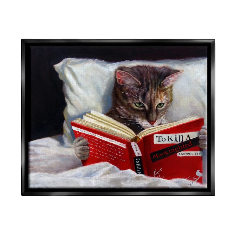 Stupell Cat Reading a Book in Bed Funny Painting Floater Frame - Multi-Color