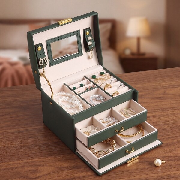 3 Layer Jewelry Box with Mirror for Women, PU Leather Organizer