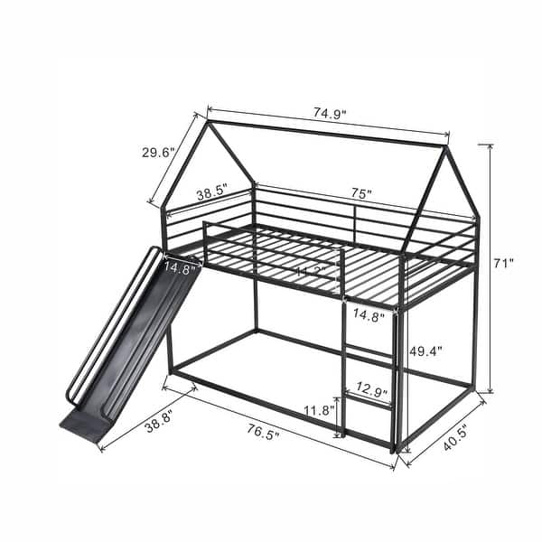 dimension image slide 3 of 4, Twin over Twin House Bunk Bed with Convertible Ladder and Slide, White