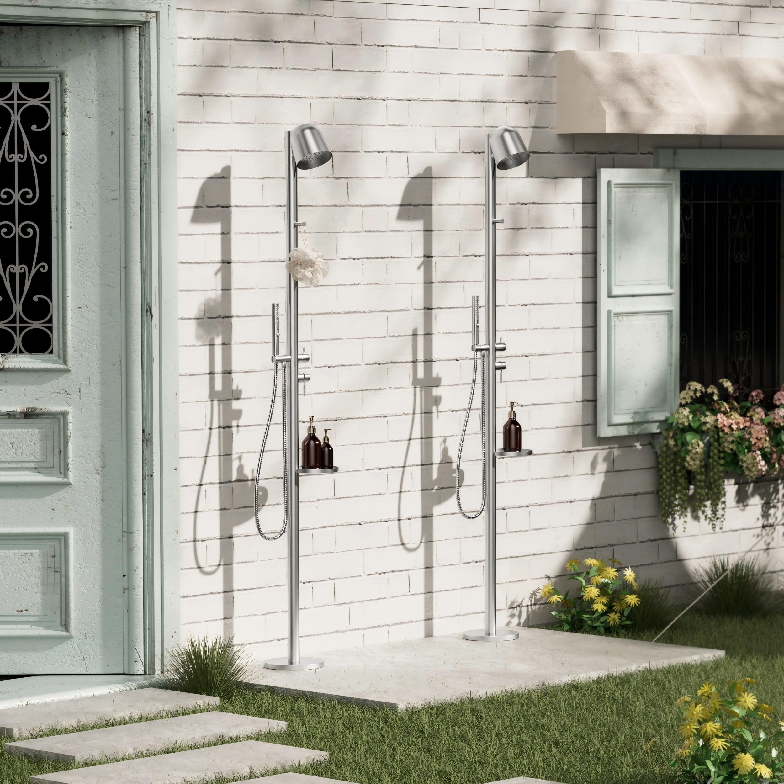 Modland Freestanding Outdoor Shower System 304 Stainless Steel Pool Faucet with Handheld & Shelf, Brushed Nickel