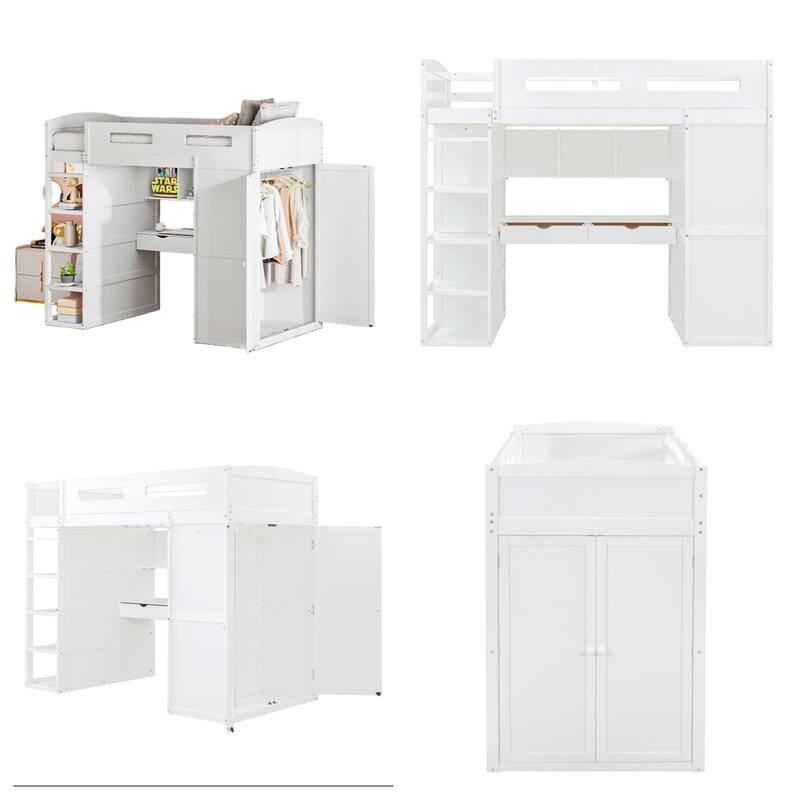 Twin Size Wood Loft Bed with Desk, Wardrobes,Drawers and Shelves