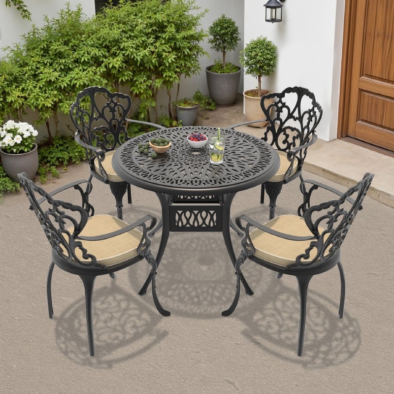 3/5-Piece Cast Aluminum Outdoor Dining Set with 35.43 in. Round Table and Seat Cushions - Black( 5-Piece Sets-C)